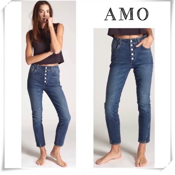 AMO Slim Duck Pant High Rise Button Fly Jeans in Dark Vintage Medium Wash - Picture 1 of 5